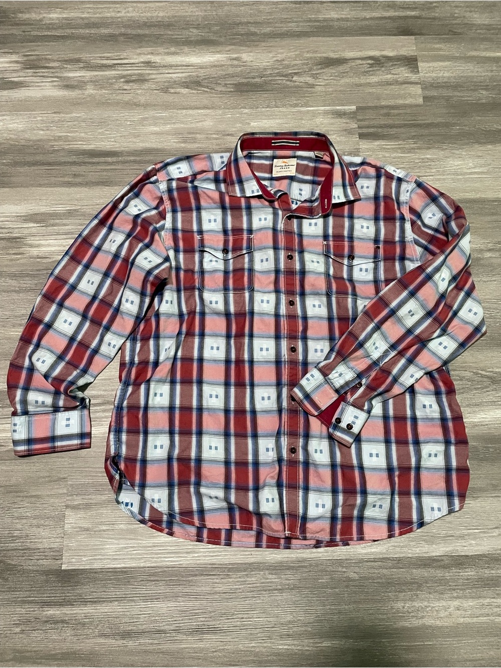 Tommy Bahama Shirt XXL Mens Longsleeve Geometric Pattern Plaid Pocket Button Up